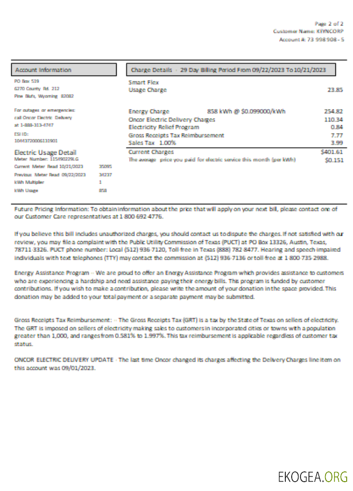 Facture commerciale du service public de Wyoming High West Energy, page 2, SCR
